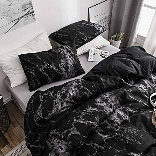 Faincy Queen Size Comforter Set, Black Marble Pattern Print Reversible Down Alternative Bed Sets - 90 x 90 3PC Soft Microfiber Duvet Modern Bedding in a Bag for Women Men