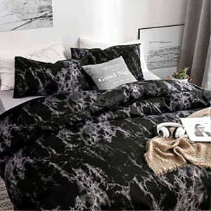 Faincy Queen Size Comforter Set, Black Marble Pattern Print Reversible Down Alternative Bed Sets - 90 x 90 3PC Soft Microfiber Duvet Modern Bedding in a Bag for Women Men