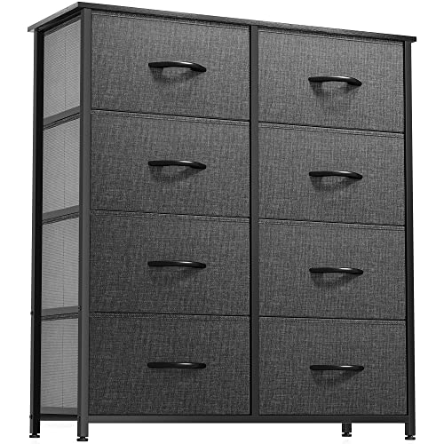 DWVO Dresser for Bedroom, Fabric Dresser with 8 Drawers, Tall Dresser, Double Dresser, Chest of Drawers for Closet, Living Room, Sturdy Steel Frame, Wooden Top, Easy Pull Handle, Black Ash