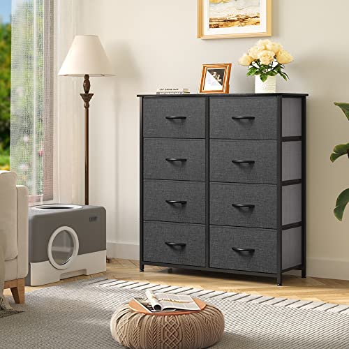 DWVO Dresser for Bedroom, Fabric Dresser with 8 Drawers, Tall Dresser, Double Dresser, Chest of Drawers for Closet, Living Room, Sturdy Steel Frame, Wooden Top, Easy Pull Handle, Black Ash