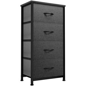 dwvo 4 drawers dresser, small dresser for bedroom, fabric storage tower, chest of drawers, organizer unit for closets, living room, sturdy steel frame, wooden top, easy pull handle, black grey