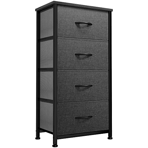 DWVO 4 Drawers Dresser, Small Dresser for Bedroom, Fabric Storage Tower, Chest of Drawers, Organizer Unit for Closets, Living Room, Sturdy Steel Frame, Wooden Top, Easy Pull Handle, Black Grey