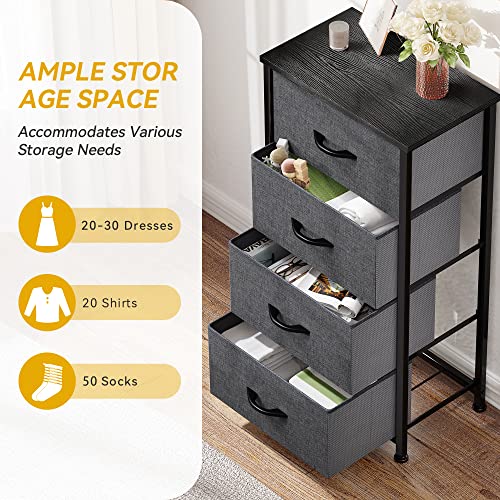 DWVO 4 Drawers Dresser, Small Dresser for Bedroom, Fabric Storage Tower, Chest of Drawers, Organizer Unit for Closets, Living Room, Sturdy Steel Frame, Wooden Top, Easy Pull Handle, Black Grey