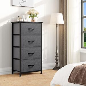 DWVO 4 Drawers Dresser, Small Dresser for Bedroom, Fabric Storage Tower, Chest of Drawers, Organizer Unit for Closets, Living Room, Sturdy Steel Frame, Wooden Top, Easy Pull Handle, Black Grey