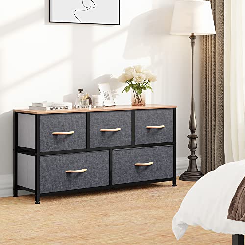 DWVO Dresser TV Stand, Fabric Dresser with 5 Drawers, Dresser for Bedroom, Wide Dresser, Storage Tower, Chest of Drawers for Closet, Living Room, Hallway, Nursery, Dull Grey