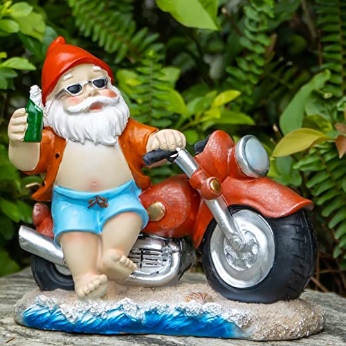 Lhocm Hawaiian Style Garden Gnomes Outdoor Decor -7.9" Motorcycle Beach Gnome for Spring and Summer Garden Decor - Perfect for Patio, Lawn, Yard, Balcony and Home - Funny Housewarming Gifts