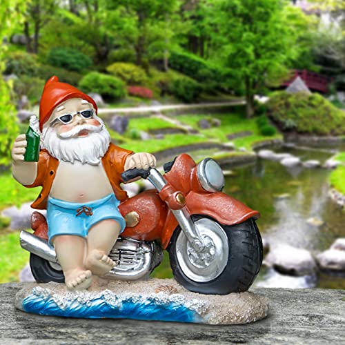 Lhocm Hawaiian Style Garden Gnomes Outdoor Decor -7.9" Motorcycle Beach Gnome for Spring and Summer Garden Decor - Perfect for Patio, Lawn, Yard, Balcony and Home - Funny Housewarming Gifts