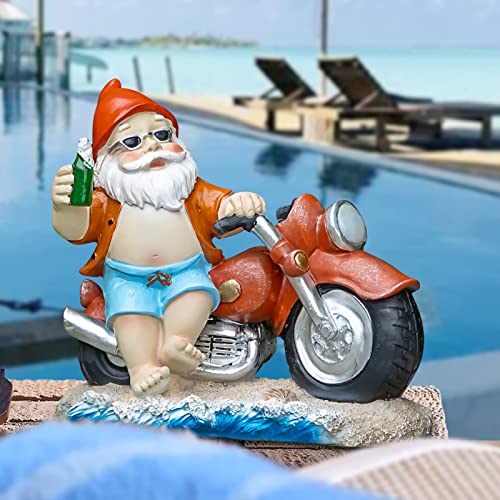 Lhocm Hawaiian Style Garden Gnomes Outdoor Decor -7.9" Motorcycle Beach Gnome for Spring and Summer Garden Decor - Perfect for Patio, Lawn, Yard, Balcony and Home - Funny Housewarming Gifts