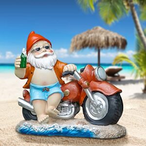 Lhocm Hawaiian Style Garden Gnomes Outdoor Decor -7.9" Motorcycle Beach Gnome for Spring and Summer Garden Decor - Perfect for Patio, Lawn, Yard, Balcony and Home - Funny Housewarming Gifts