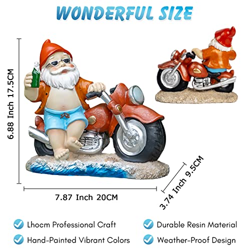 Lhocm Hawaiian Style Garden Gnomes Outdoor Decor -7.9" Motorcycle Beach Gnome for Spring and Summer Garden Decor - Perfect for Patio, Lawn, Yard, Balcony and Home - Funny Housewarming Gifts