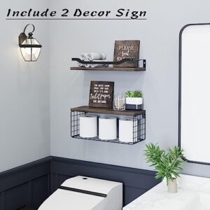 Floating Shelves with 2 Bathroom Wall Décor Sign, Bathroom Decor Sets Bathroom Wall Shelves Over Toilet with Paper Storage Basket, Wood Shelves for Wall Decor with Guardrail-Paulownia
