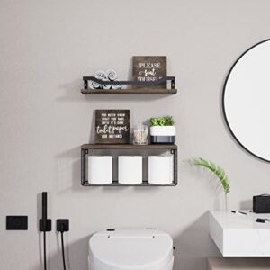 Floating Shelves with 2 Bathroom Wall Décor Sign, Bathroom Decor Sets Bathroom Wall Shelves Over Toilet with Paper Storage Basket, Wood Shelves for Wall Decor with Guardrail-Paulownia