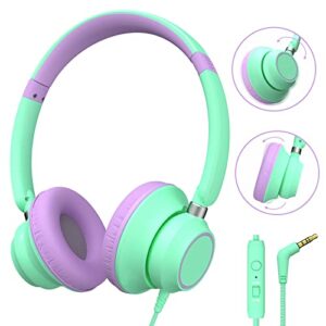 cowyawn toddler headphones ultra light comfort kids headphones, rotatable wired headphones with microphone for toddlers kids for school travel airplane, 85db/94db volume limit 3.5mm jack, green/purple