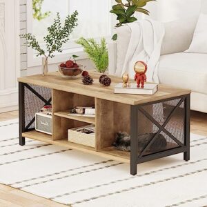 FATORRI Coffee Table for Living Room, Rustic Wood Center Table with Shelves, Farmhouse Rectangle Cocktail Tea Tables (Rustic Oak)