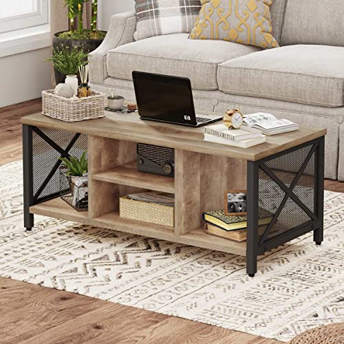 FATORRI Coffee Table for Living Room, Rustic Wood Center Table with Shelves, Farmhouse Rectangle Cocktail Tea Tables (Rustic Oak)