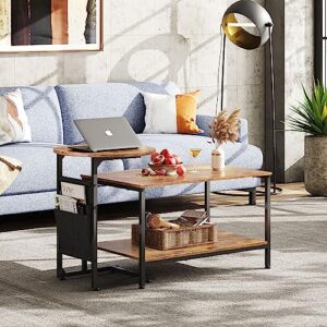 WLIVE Coffee Table, 2 in 1 Design Nesting Coffee Table with Side Pouch for Living Room, Small Round and Rectangular Living Room Table Set, Metal Frame and Wood Desktop,Easy Assembly, Rustic Brown