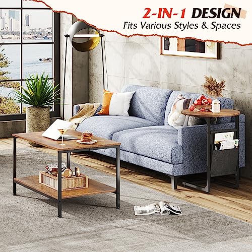 WLIVE Coffee Table, 2 in 1 Design Nesting Coffee Table with Side Pouch for Living Room, Small Round and Rectangular Living Room Table Set, Metal Frame and Wood Desktop,Easy Assembly, Rustic Brown