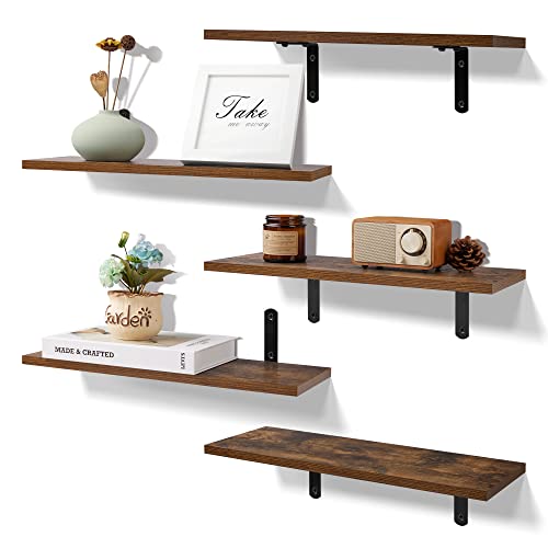 upsimples Floating Shelves for Wall Decor Storage, Wall Mounted Shelves Set of 5, Sturdy Small Wood Shelves with Metal Brackets Hanging for Bedroom, Living Room, Bathroom, Kitchen, Book, Dark Brown