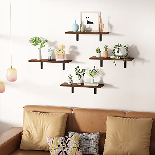 upsimples Floating Shelves for Wall Decor Storage, Wall Mounted Shelves Set of 5, Sturdy Small Wood Shelves with Metal Brackets Hanging for Bedroom, Living Room, Bathroom, Kitchen, Book, Dark Brown