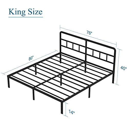 DiaOutro Metal Platform King Bed Frame with Headboard, 14 Inch No Box Spring Needed Heavy Duty Steel Slat Mattress Foundation/Easy Assembly/Noise Free/Black