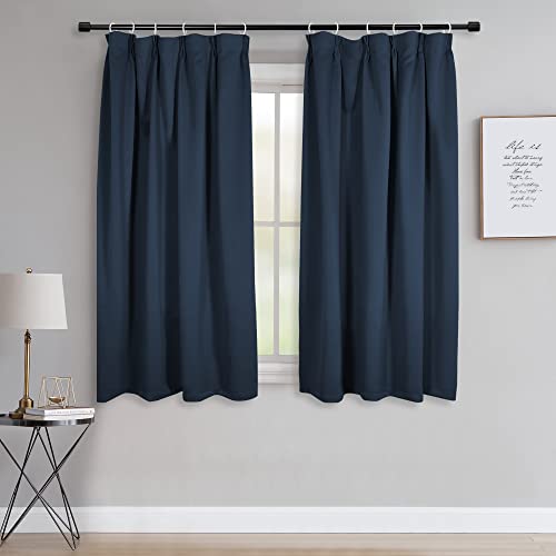 JADE POKE 2 Panels Navy Pinch Pleat Blackout Sunblock Small Curtains for Kitchen, Thermal Insulated Energy Saving Solid Window Curtain Panel for Kid Room, Each is 100CMx110CM