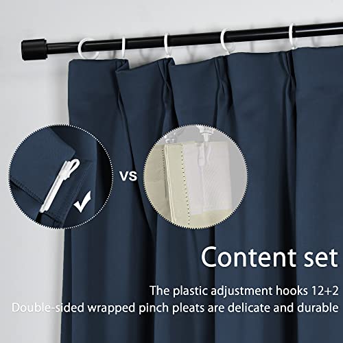 JADE POKE 2 Panels Navy Pinch Pleat Blackout Sunblock Small Curtains for Kitchen, Thermal Insulated Energy Saving Solid Window Curtain Panel for Kid Room, Each is 100CMx110CM