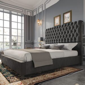 papajet 52.8" high upholstered bed frame queen size platform sleigh bed with deep button tufted headboard/easy assembly/dark grey