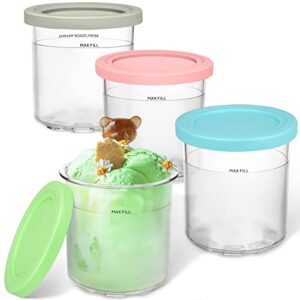 vanlonpro ice cream containers 4 pack, compatible with nc299amz & nc300s series ninja creami ice cream makers, reusable, bpa-free & dishwasher safe, airtight, gray/blue/pink/green lids