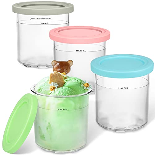 VanlonPro Ice Cream Containers 4 Pack, Compatible with NC299AMZ & NC300s Series Ninja Creami Ice Cream Makers, Reusable, BPA-Free & Dishwasher Safe, Airtight, Gray/Blue/Pink/Green Lids