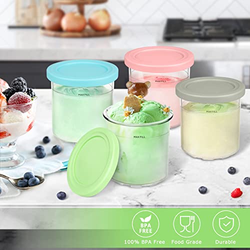 VanlonPro Ice Cream Containers 4 Pack, Compatible with NC299AMZ & NC300s Series Ninja Creami Ice Cream Makers, Reusable, BPA-Free & Dishwasher Safe, Airtight, Gray/Blue/Pink/Green Lids