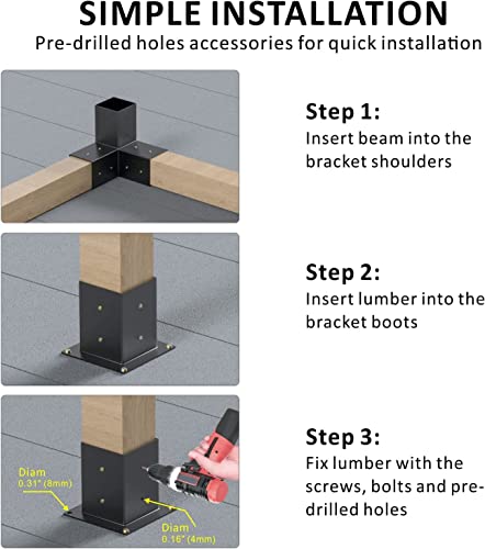 Etrifatry Pergola Bracket Kit, 4 x 4 inches Woodwork Pergola Kit with Black Powder Coated Steel Brackets, Modular Sizing Pergola Brackets Boot, Shoulder and Lag Bolts for DIY Elevated Wood Stand Kit