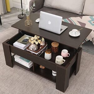 lift top coffee table with storage, 2 open shelves and hidden compartment lifting center table, modern wood coffee tables for living room reception room office