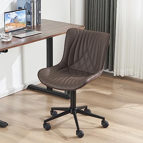 YOUNIKE Office Chair, Ergonomic Desk Chair with Wheels, Home Office Computer Task Chairs, Modern Faux Leather Padded Vanity Chair, Adjustable Swivel Rocking Chair with High Back, Brown