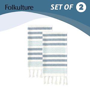 Folkulture Hand Towels for Bathroom, Set of 2 Decorative Hand Towels with Hanging Loop, 100% Cotton Turkish Hand Towels Set or Boho Hand Towels for Kitchen 16" x 30" Inches (Fiji - Aqua)