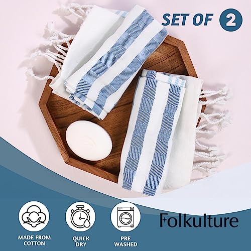 Folkulture Hand Towels for Bathroom, Set of 2 Decorative Hand Towels with Hanging Loop, 100% Cotton Turkish Hand Towels Set or Boho Hand Towels for Kitchen 16" x 30" Inches (Fiji - Aqua)
