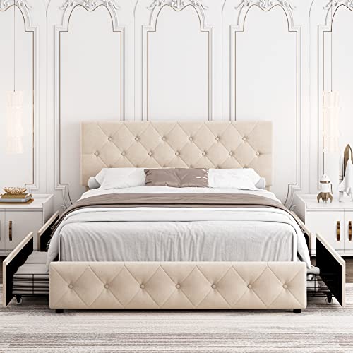 Queen Bed Frame with Storage and Adjustable Headboard, Bed Frame with 4 Drawers and Wooden Slats Support, No Box Spring Needed, PU, Beige