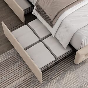 Queen Bed Frame with Storage and Adjustable Headboard, Bed Frame with 4 Drawers and Wooden Slats Support, No Box Spring Needed, PU, Beige