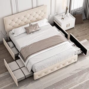 Queen Bed Frame with Storage and Adjustable Headboard, Bed Frame with 4 Drawers and Wooden Slats Support, No Box Spring Needed, PU, Beige