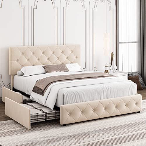 Queen Bed Frame with Storage and Adjustable Headboard, Bed Frame with 4 Drawers and Wooden Slats Support, No Box Spring Needed, PU, Beige