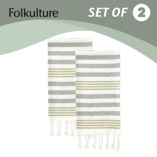 Folkulture Hand Towels for Bathroom, Set of 2 Decorative Hand Towels with Hanging Loop, 100% Cotton Turkish Hand Towels Set or Boho Hand Towels for Kitchen 16" x 30" Inches (Fiji - Sage Green)