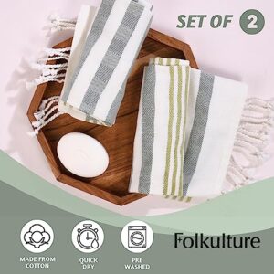 Folkulture Hand Towels for Bathroom, Set of 2 Decorative Hand Towels with Hanging Loop, 100% Cotton Turkish Hand Towels Set or Boho Hand Towels for Kitchen 16" x 30" Inches (Fiji - Sage Green)