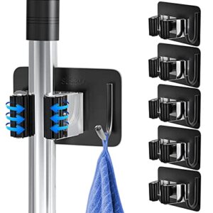 celberena 5 pack mop broom holder no drill sus304 stainless steel, self adhesive mop broom organizer wall mounted heavy duty with hooks storage hanger for bathroom, kitchen, office, black