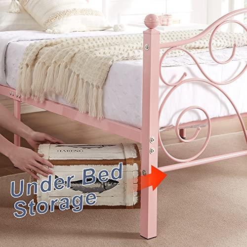 VECELO Twin Size Metal Bed Frame with Headboard and Footboard, Heavy Duty Steel Slat Support, Platform Mattress Foundation, No Box Spring Needed, Easy Assembly, Pink