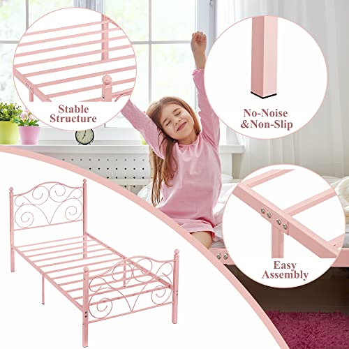VECELO Twin Size Metal Bed Frame with Headboard and Footboard, Heavy Duty Steel Slat Support, Platform Mattress Foundation, No Box Spring Needed, Easy Assembly, Pink