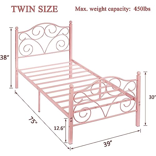 VECELO Twin Size Metal Bed Frame with Headboard and Footboard, Heavy Duty Steel Slat Support, Platform Mattress Foundation, No Box Spring Needed, Easy Assembly, Pink