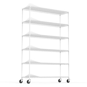 6 tier nsf metal shelf wire shelving unit, 6000lbs capacity heavy duty adjustable storage rack with wheels & shelf liners for commercial grade utility steel storage rack, 82"h x 48"l x 18"d - white