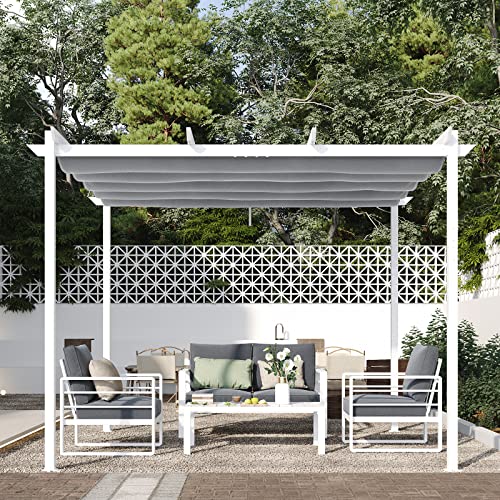 Patiorama 10’ x 10’ Outdoor Retractable Pergola with Sun Shade Canopy, White Patio Aluminum Shelter Grape Trellis, Patio Gazebo Pergola, Large Pavillion Grill for Garden Porch Yard BBQ (Gray)