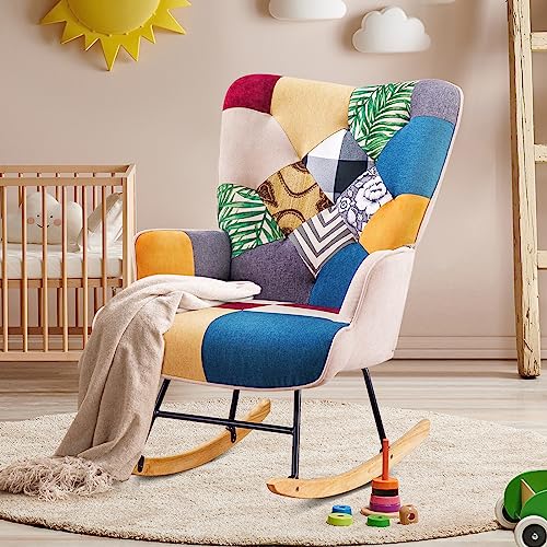 K Knowbody Rocking Chair Nursery, Boho Nursery Glider Rocker Modern Accent Chair for Bedroom, Living Room, Tufted Upholstered Armchair with Linen Fabric, Nursing Chairs for Mom and Baby, Bright Color