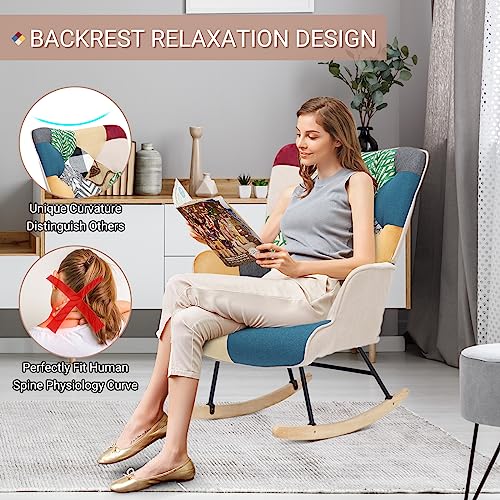 K Knowbody Rocking Chair Nursery, Boho Nursery Glider Rocker Modern Accent Chair for Bedroom, Living Room, Tufted Upholstered Armchair with Linen Fabric, Nursing Chairs for Mom and Baby, Bright Color