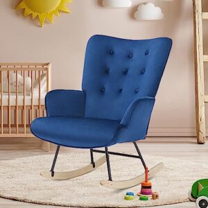 K Knowbody Rocking Chair Nursery, Boho Nursery Glider Rocker Modern Accent Chair for Bedroom, Living Room, Tufted Upholstered Armchair with Linen Fabric, Nursing Chairs for Mom and Baby, Blue